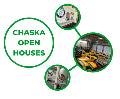 Chaska Open Houses, City Hall, Trucks in a bay, entrance to police department