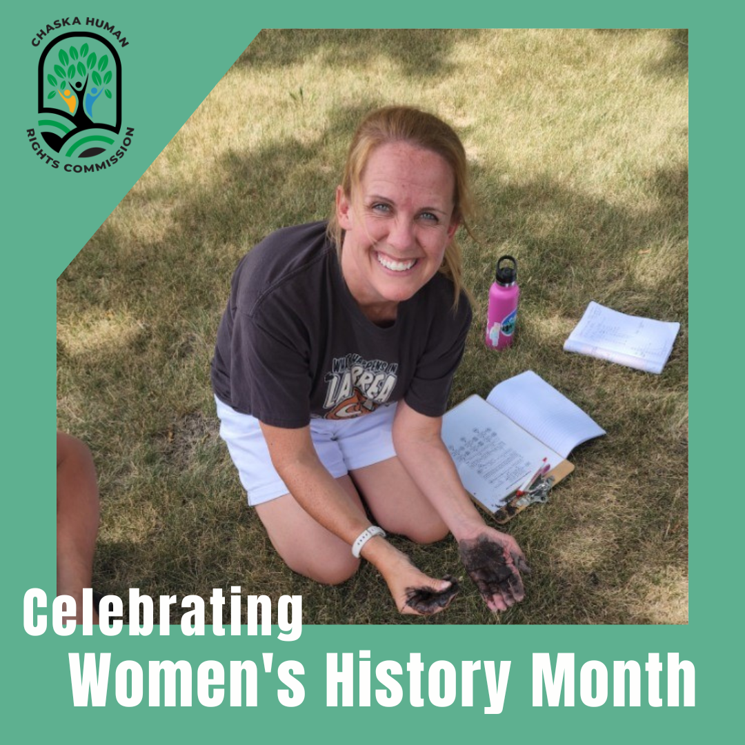Kate Kramer photo, Celebrate Women's History Month, Chaska Human Rights Commission logo