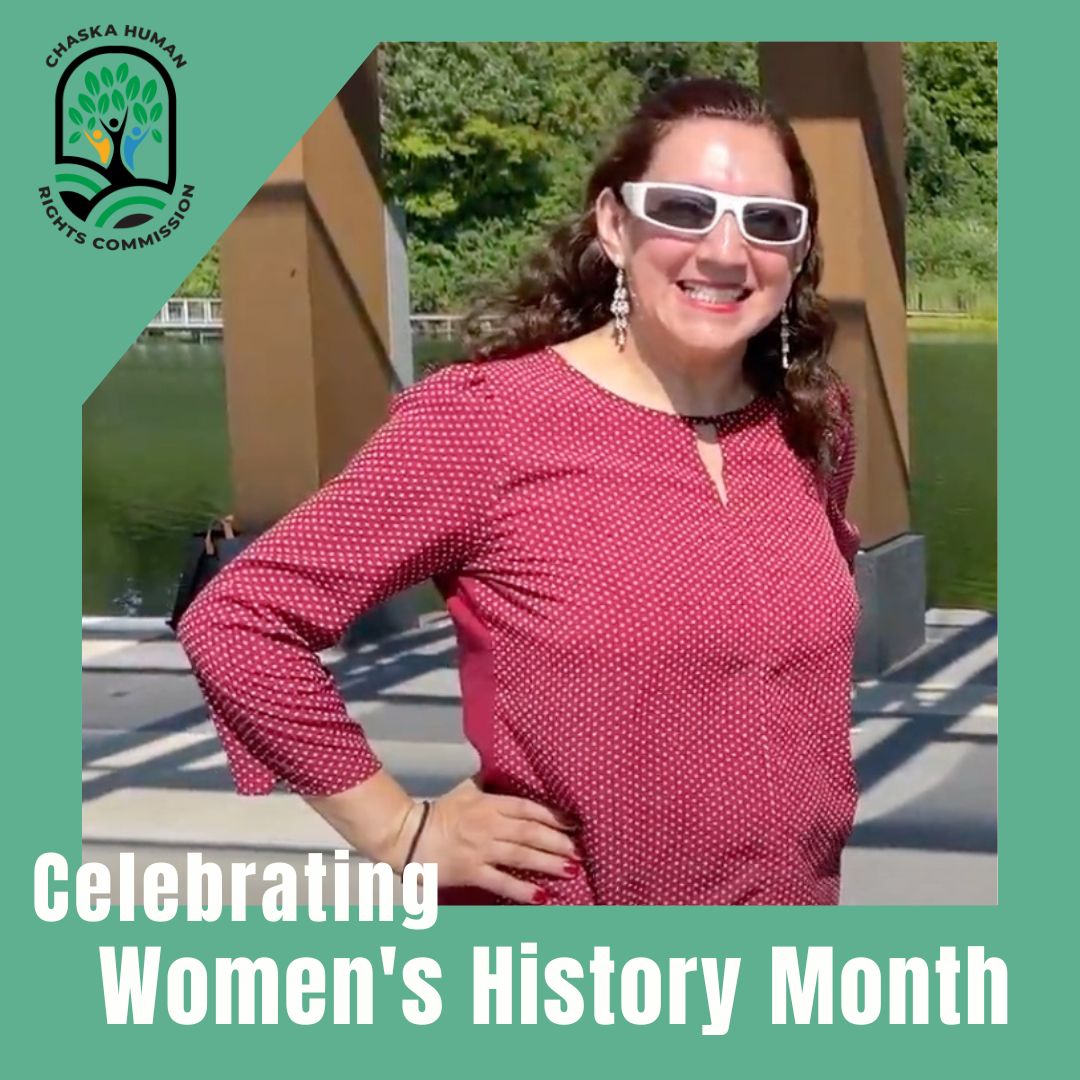 Mary Bello Photo, Celebrate Women's History Month, Chaska Human Rights Commission logo